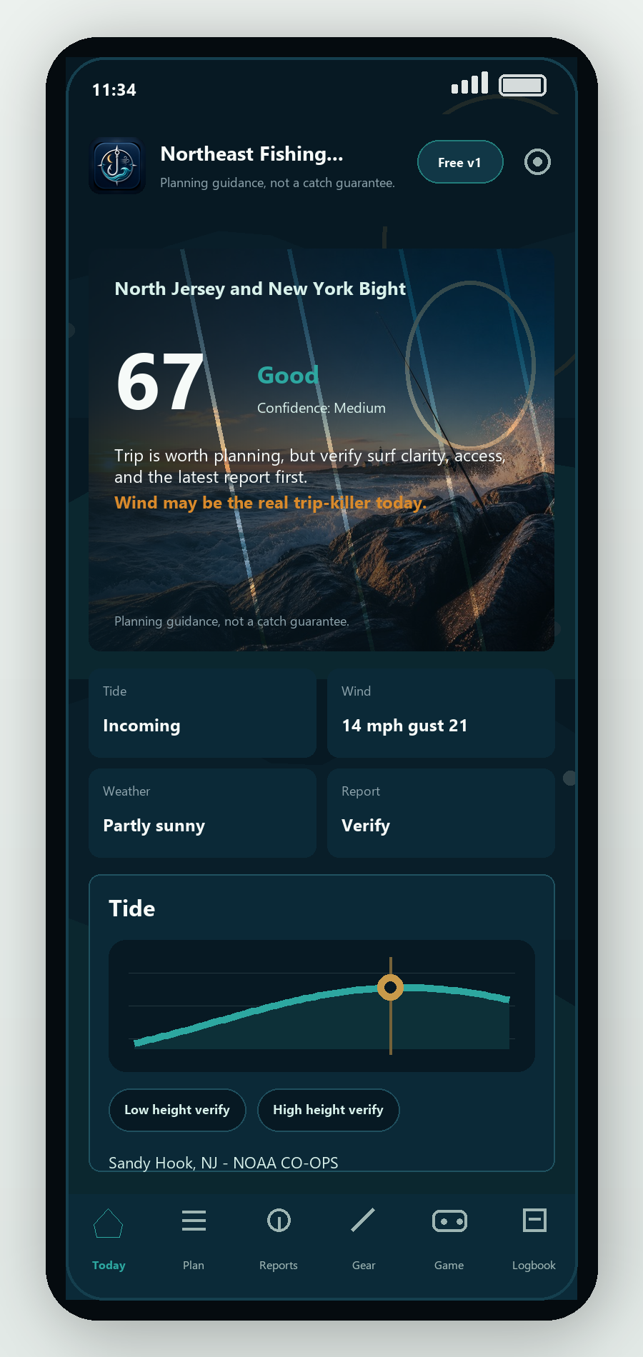 Northeast Fishing Trip Check app home screen preview with animated coastal backdrop, score card, status tiles, and tide chart